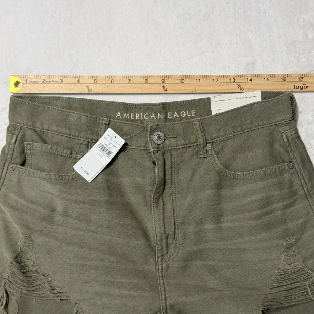 NWT American Eagle Highest Rise Mom Short Size 12 Olive Green Distressed Denim